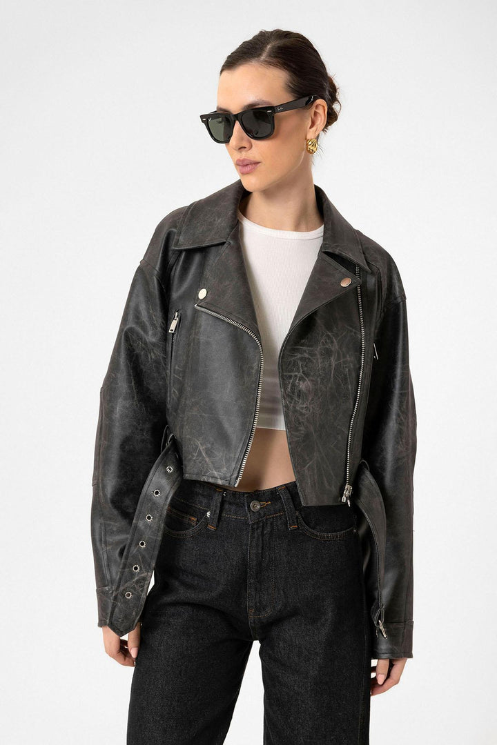 ANT Antioch Siyah Kadın Suni Deri Crop Biker Ceket - Kenosha