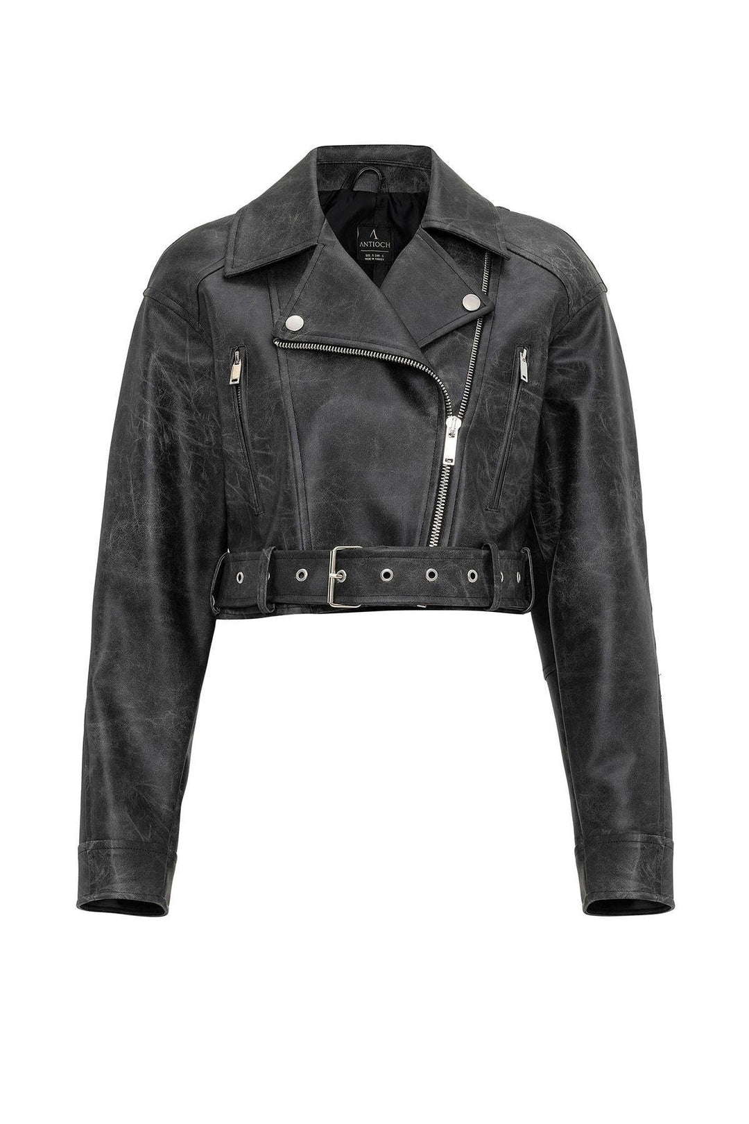 ANT Antioch Siyah Kadın Suni Deri Crop Biker Ceket - Kenosha