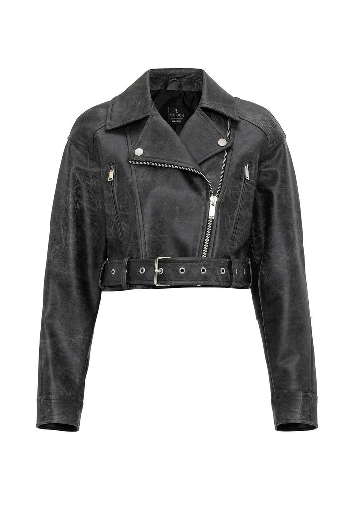ANT Antioch Siyah Kadın Suni Deri Crop Biker Ceket - Kenosha