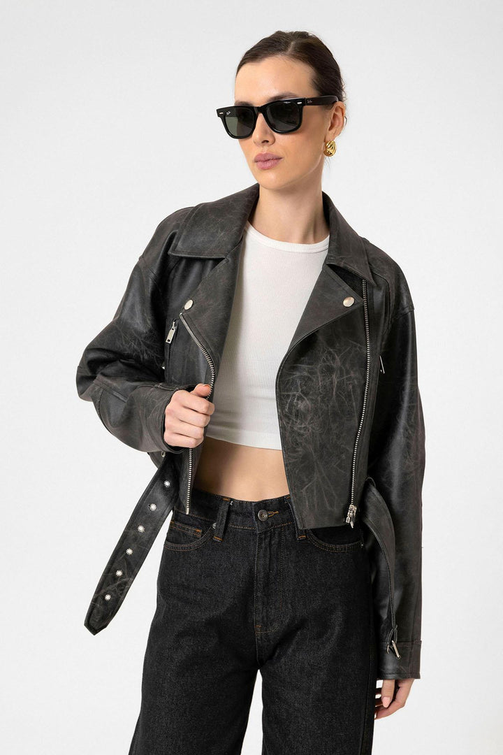 ANT Antioch Siyah Kadın Suni Deri Crop Biker Ceket - Kenosha