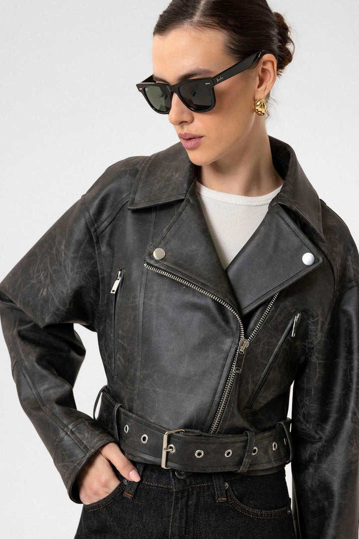 ANT Antioch Siyah Kadın Suni Deri Crop Biker Ceket - Kenosha