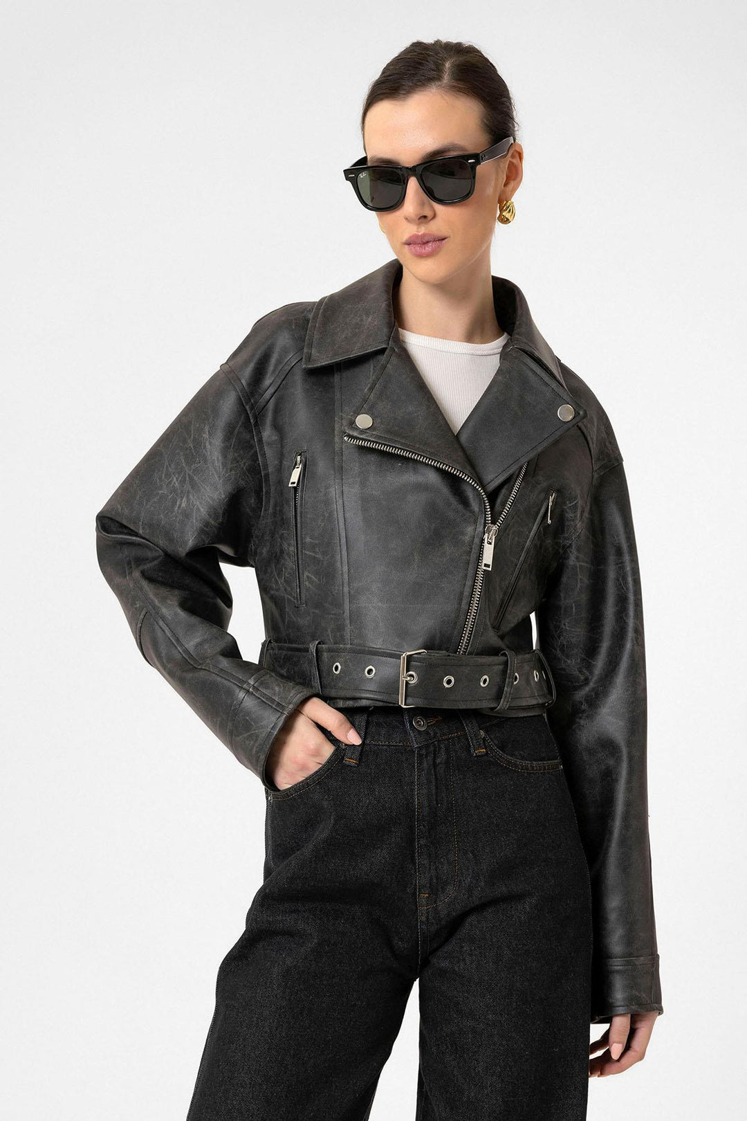 ANT Antioch Siyah Kadın Suni Deri Crop Biker Ceket - Kenosha