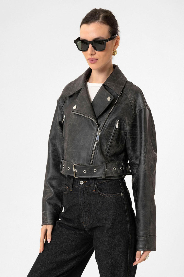 ANT Antioch Siyah Kadın Suni Deri Crop Biker Ceket - Kenosha