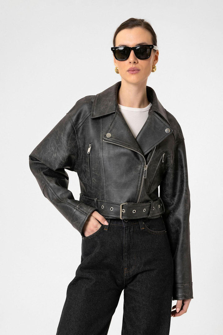 ANT Antioch Siyah Kadın Suni Deri Crop Biker Ceket - Kenosha