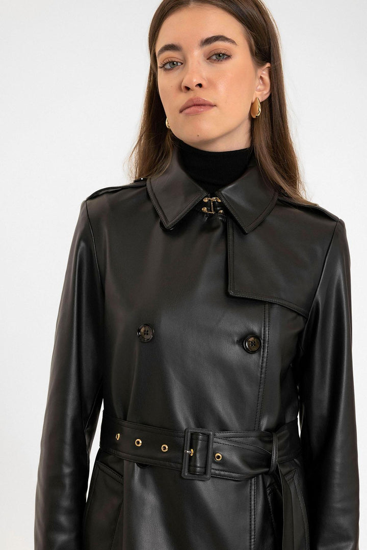 ANT Antioch Black Women's Faux Leather Belted Trench Coat - Bassano del Grappa