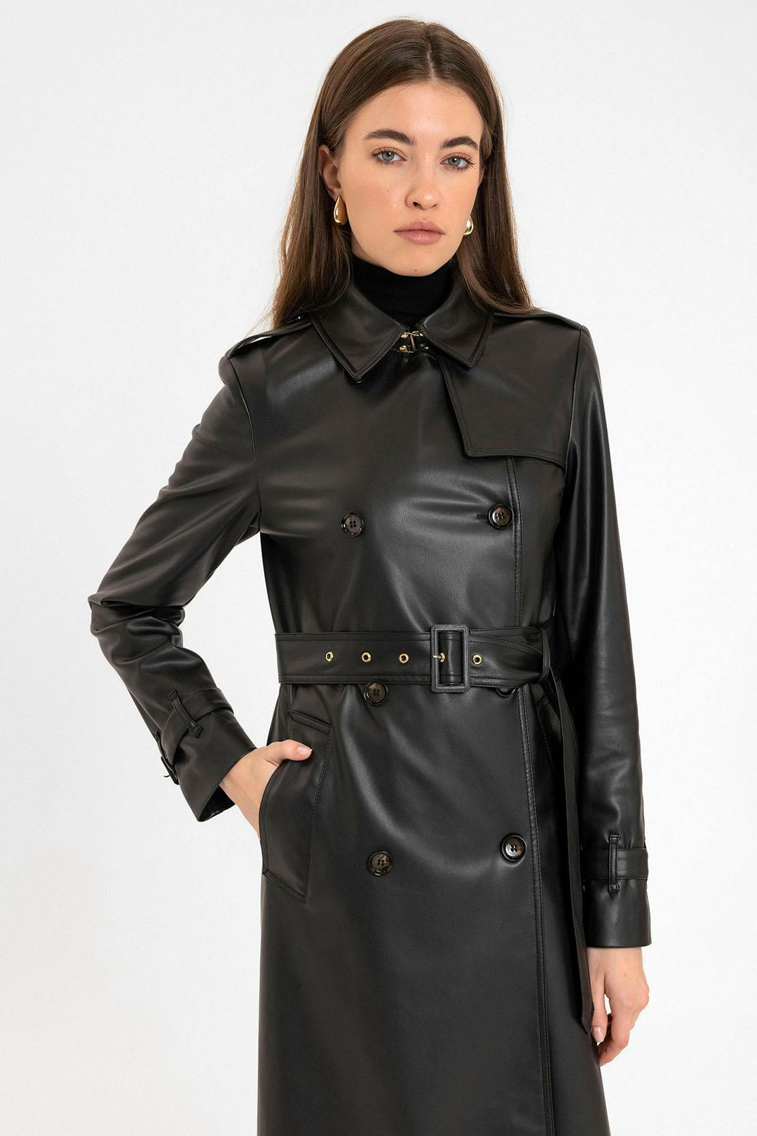 ANT Antioch Black Women's Faux Leather Belted Trench Coat - Bassano del Grappa