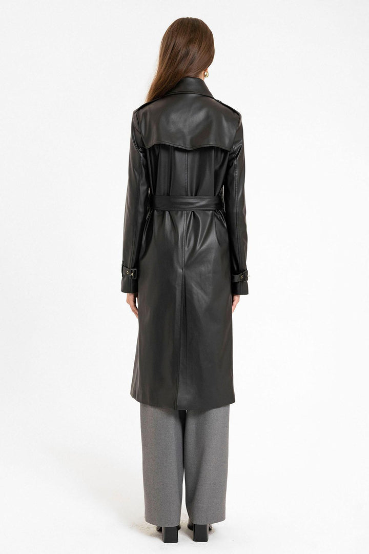 ANT Antioch Black Women's Faux Leather Belted Trench Coat - Bassano del Grappa
