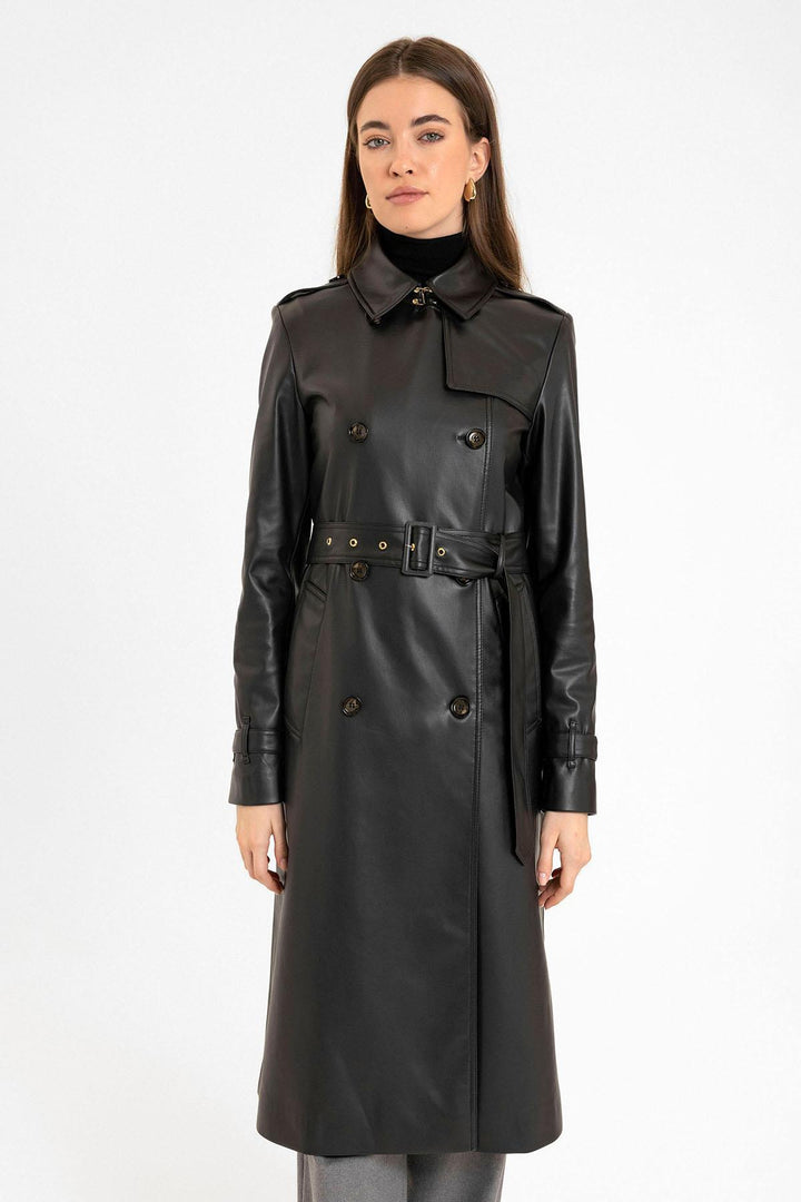 ANT Antioch Black Women's Faux Leather Belted Trench Coat - Bassano del Grappa