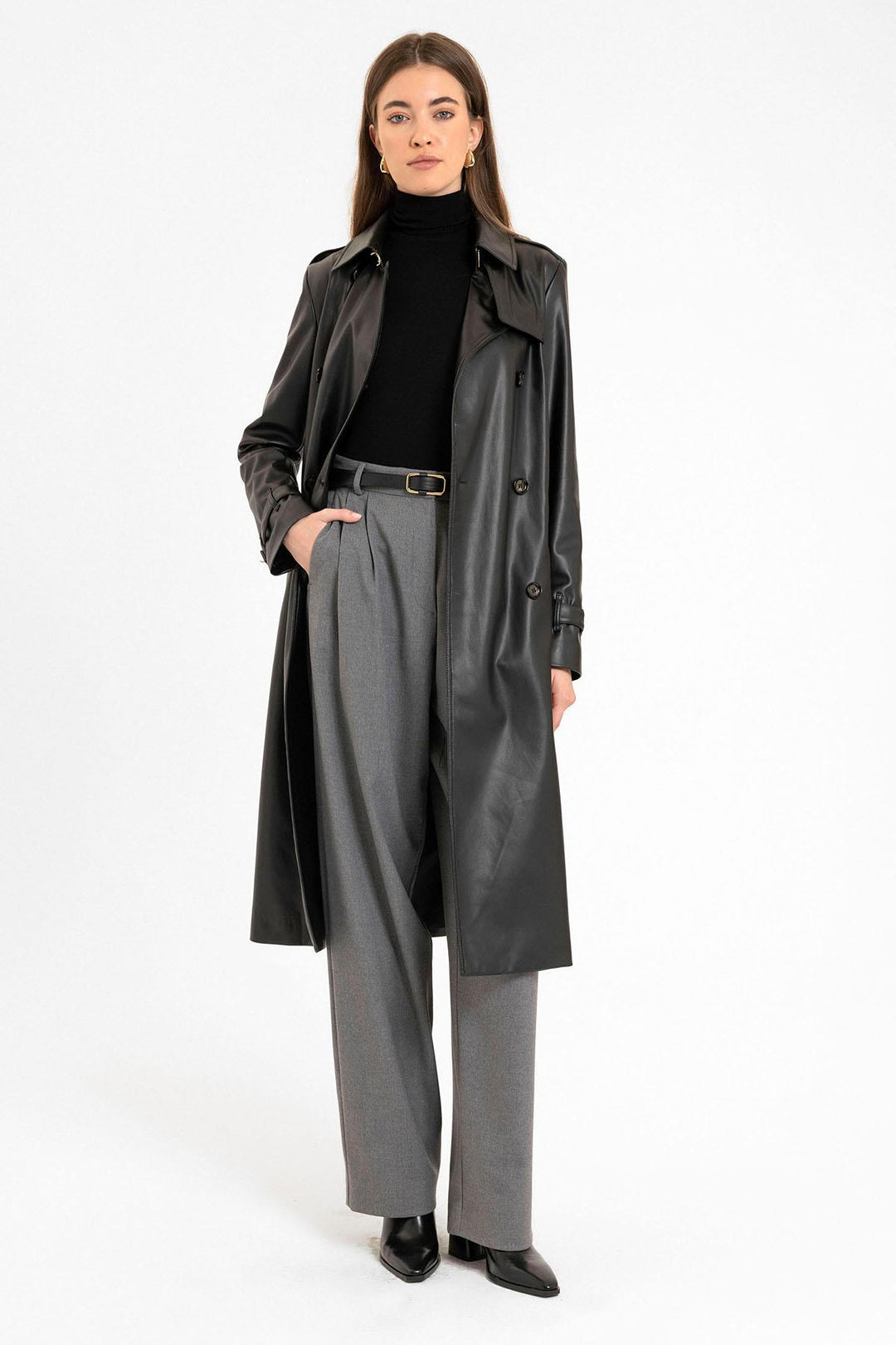 ANT Antioch Black Women's Faux Leather Belted Trench Coat - Bassano del Grappa
