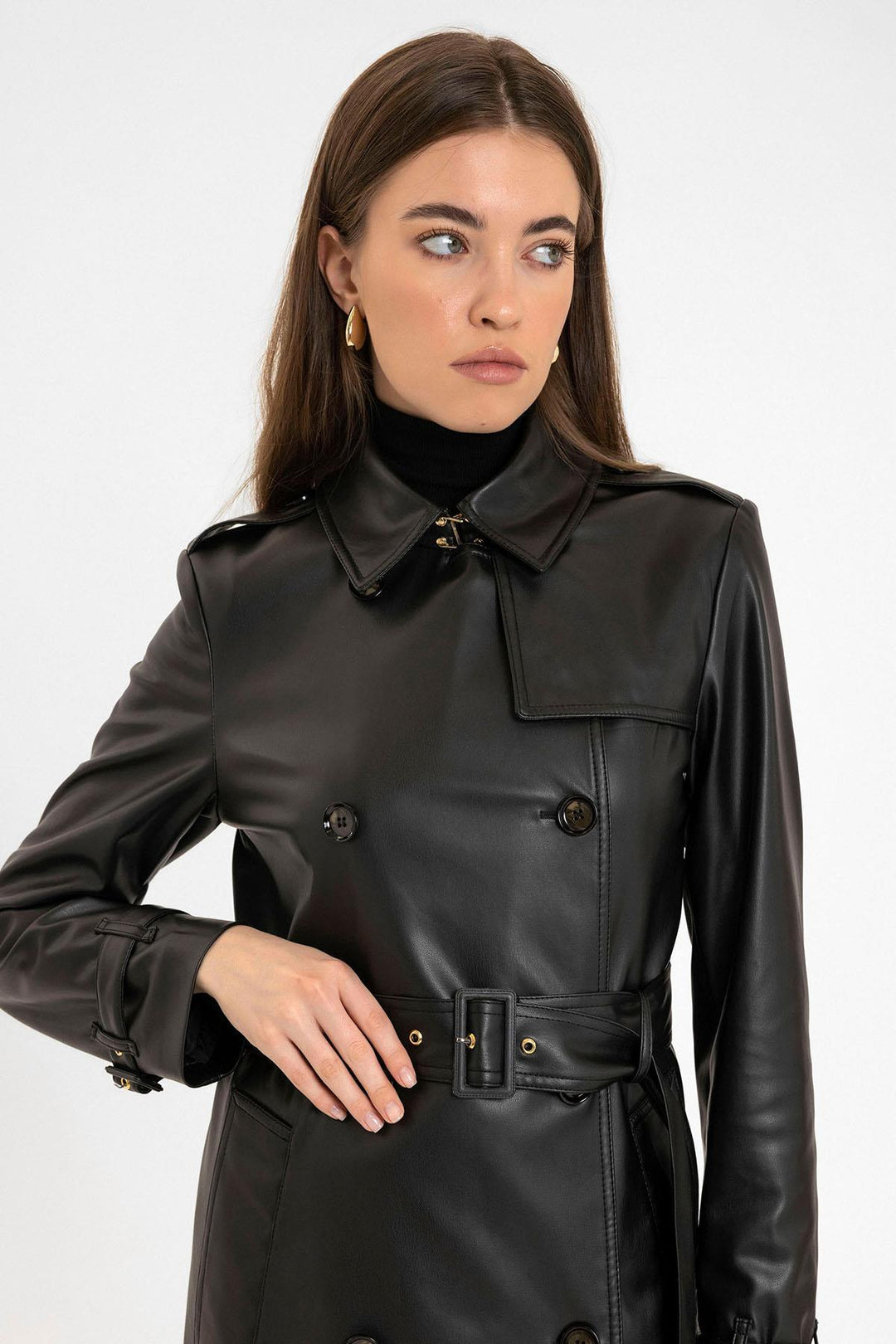 ANT Antioch Black Women's Faux Leather Belted Trench Coat - Bassano del Grappa
