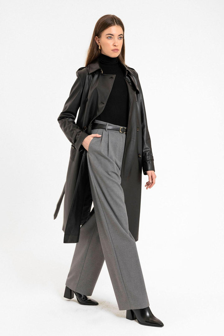 ANT Antioch Black Women's Faux Leather Belted Trench Coat - Bassano del Grappa