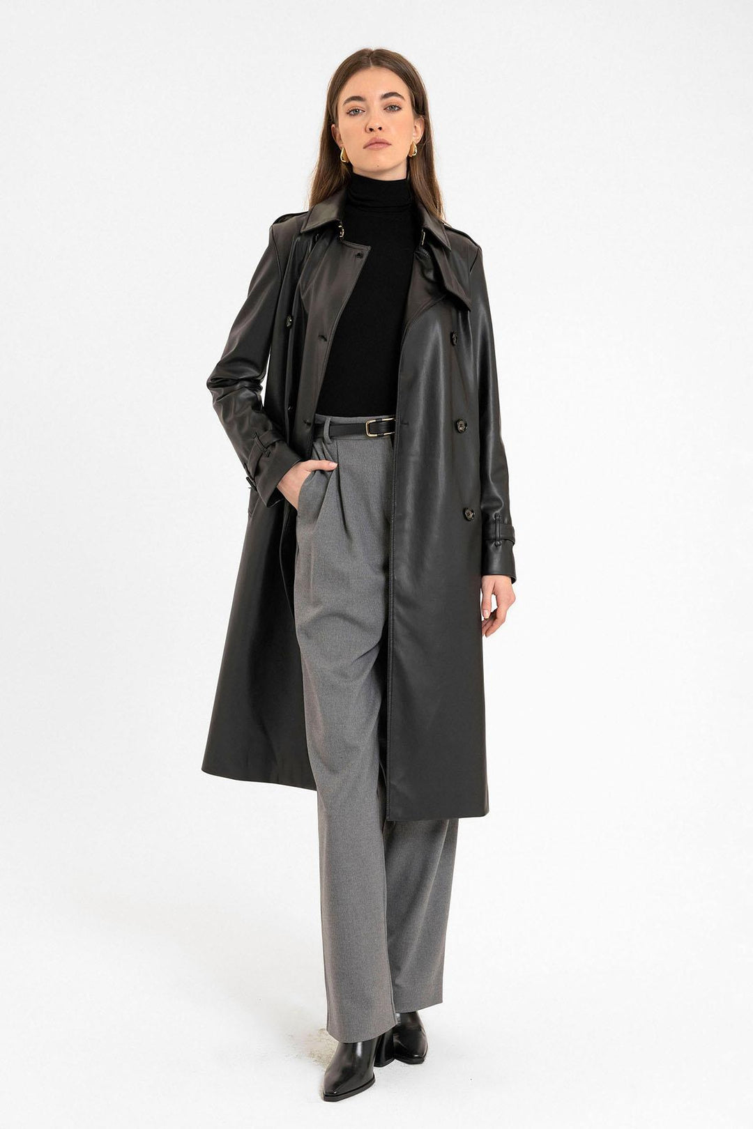 ANT Antioch Black Women's Faux Leather Belted Trench Coat - Bassano del Grappa