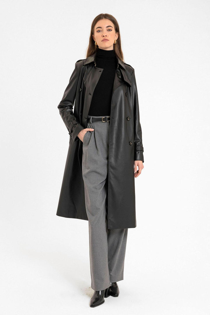 ANT Antioch Black Women's Faux Leather Belted Trench Coat - Bassano del Grappa