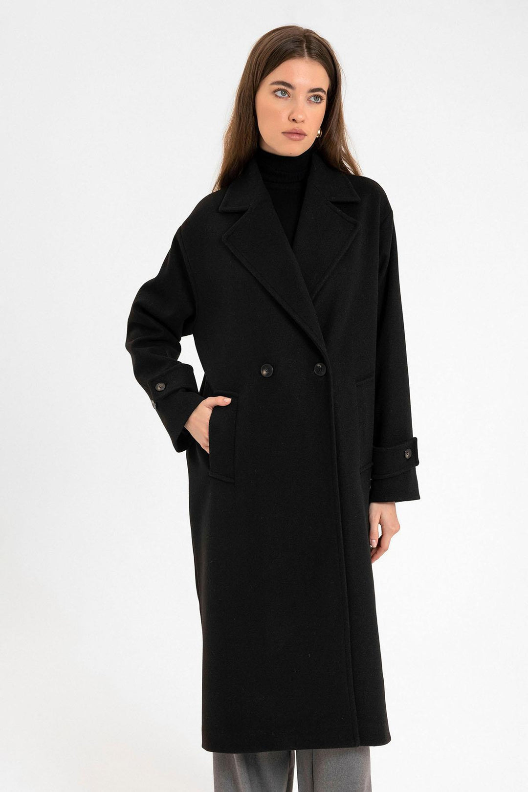 ANT Antioch Black Soft Textured Oversized Wrap Coat - Pomezia