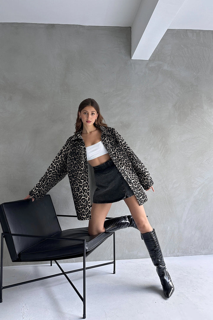 Black-Coffee Leopard Print Double Pocket Oversized Denim Shirt Jacket BCDF-245417 - Bridgwater