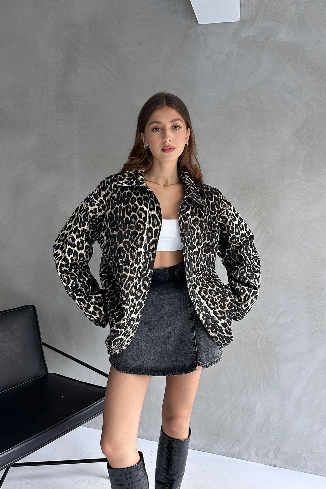 Black-Coffee Leopard Print Double Pocket Oversized Denim Shirt Jacket BCDF-245417 - Bridgwater