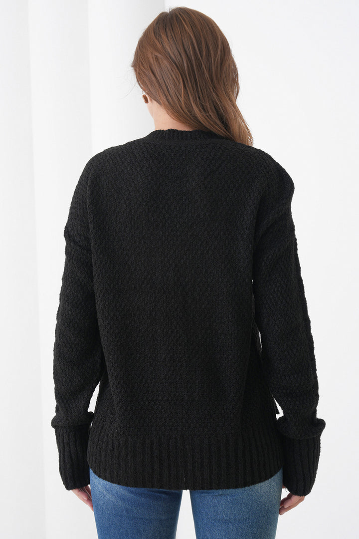 Black Thick Knitted Patterned Turtleneck Sweater BCHPK-251250 - Arezzo