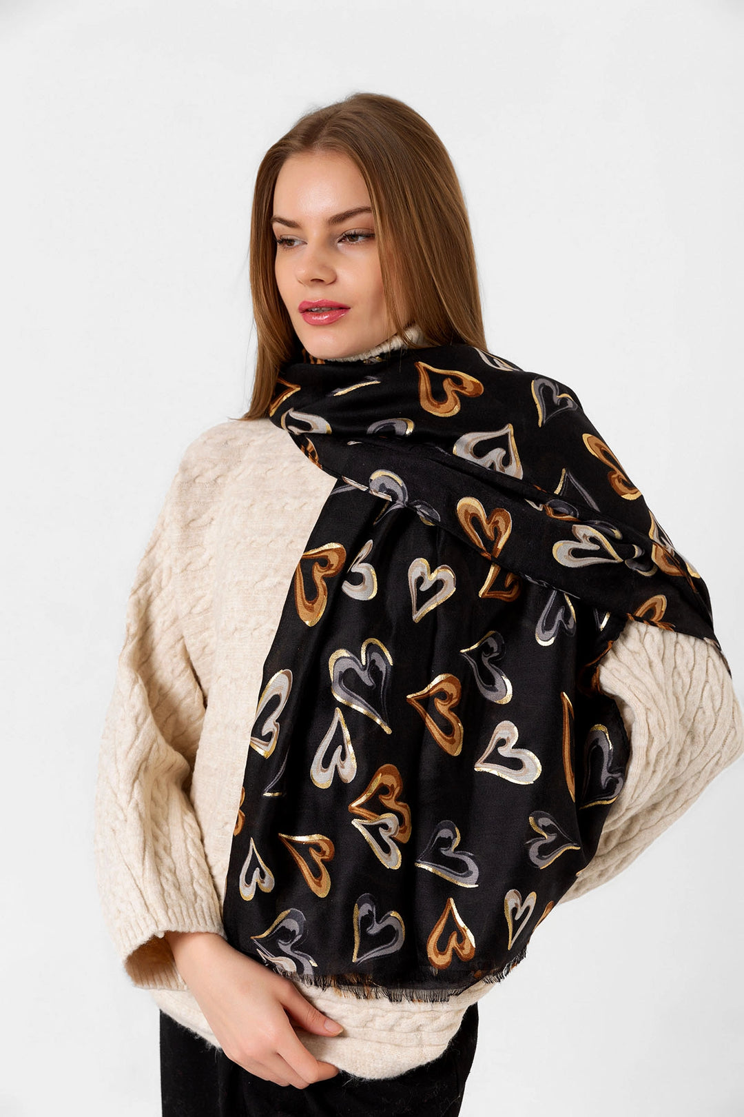 Black Heart Patterned Foil and Tasseled Shawl BCNSV-2515054 - Mühlhausen