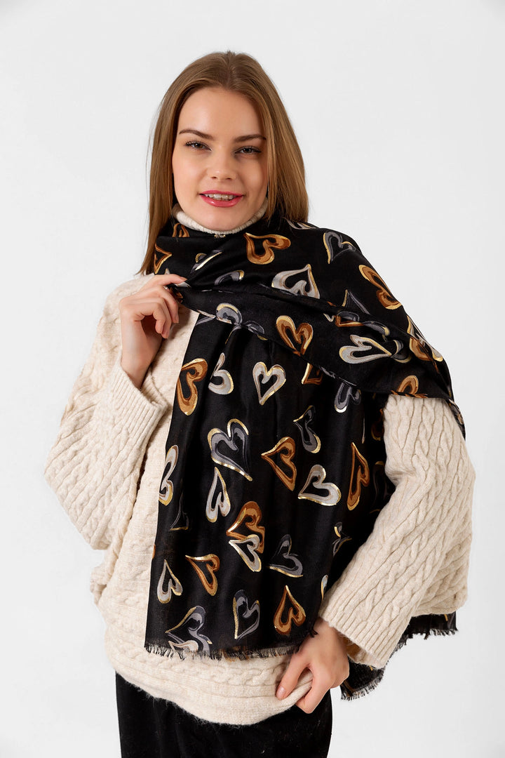 Black Heart Patterned Foil and Tasseled Shawl BCNSV-2515054 - Mühlhausen
