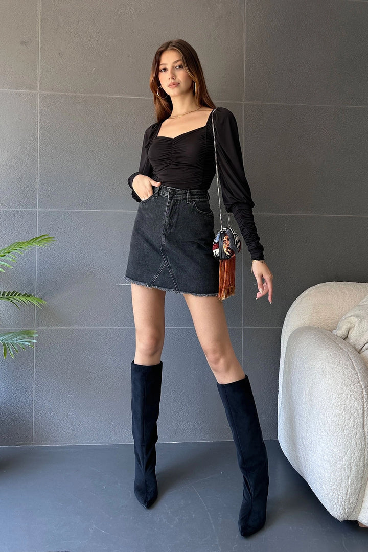 Black Heart Collar Front and Cuff Draped Blouse BCDF-242105 - Cluj-Napoca