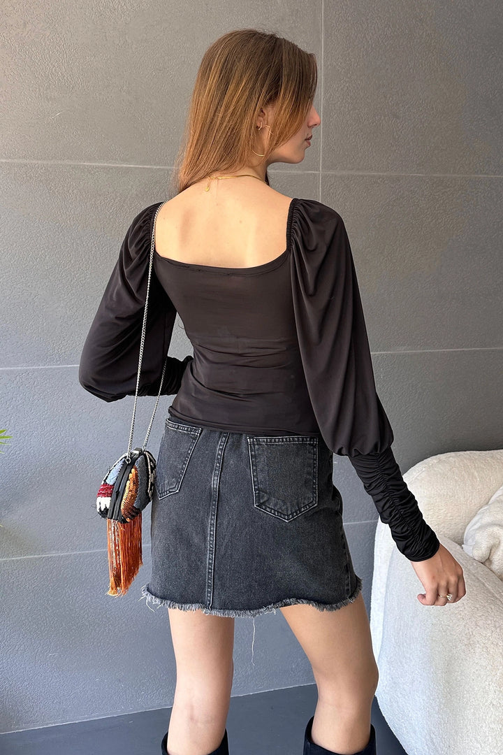 Black Heart Collar Front and Cuff Draped Blouse BCDF-242105 - Cluj-Napoca