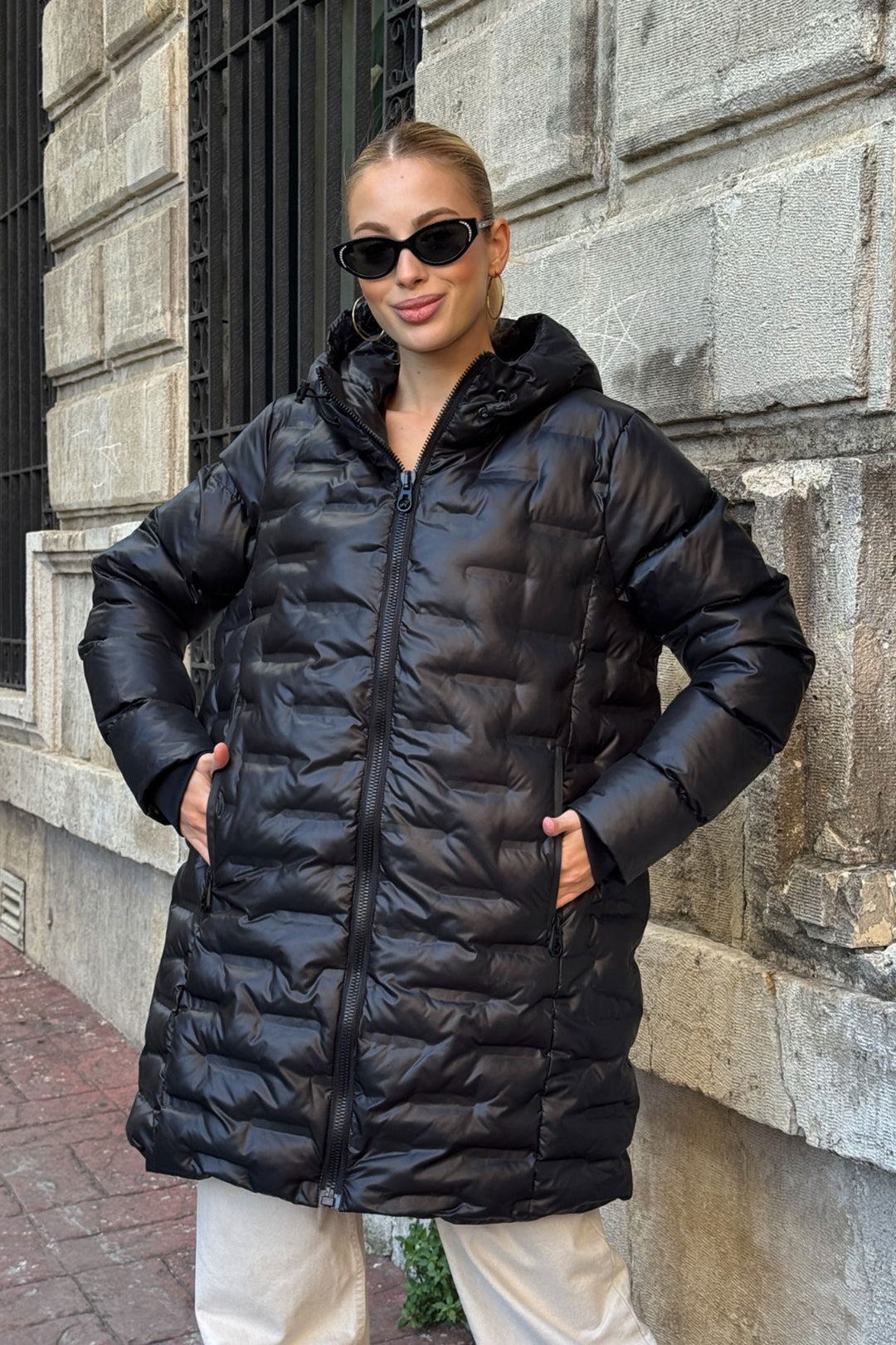 Black Quilted Zippered Hooded Long Puffer Jacket BCVL-254200 - Horad Barysaw