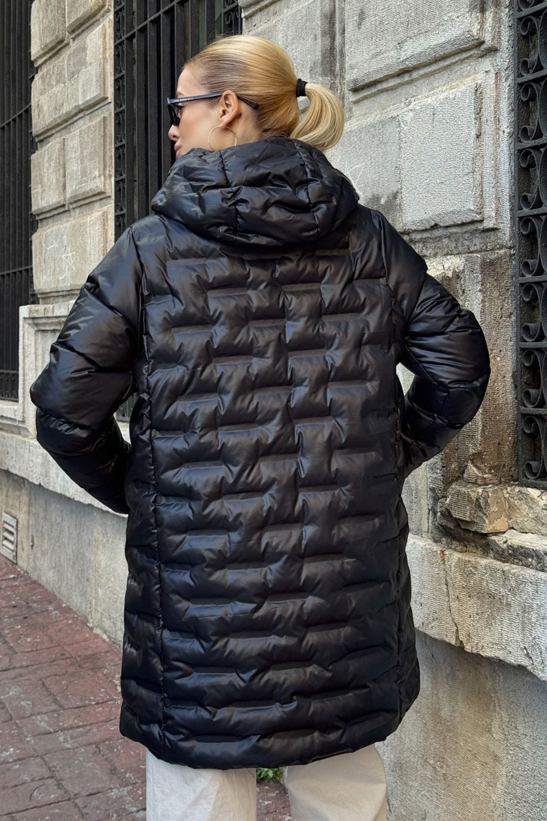 Black Quilted Zippered Hooded Long Puffer Jacket BCVL-254200 - Horad Barysaw