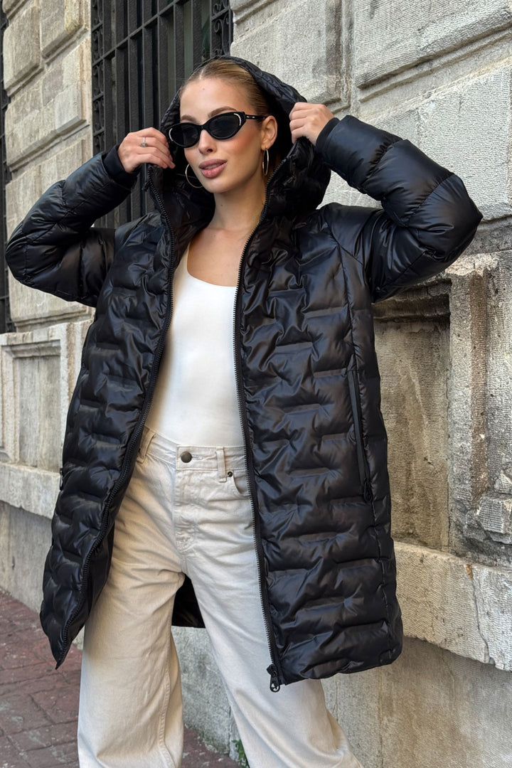 Black Quilted Zippered Hooded Long Puffer Jacket BCVL-254200 - Horad Barysaw