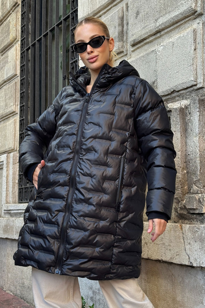 Black Quilted Zippered Hooded Long Puffer Jacket BCVL-254200 - Horad Barysaw