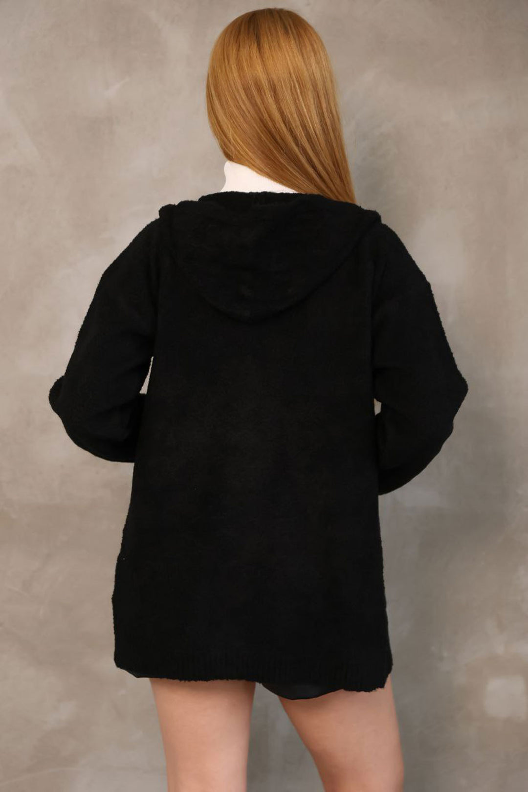 Black Hooded Double Pocket Soft Textured Knit Cardigan BCES-252016 - Douglasville