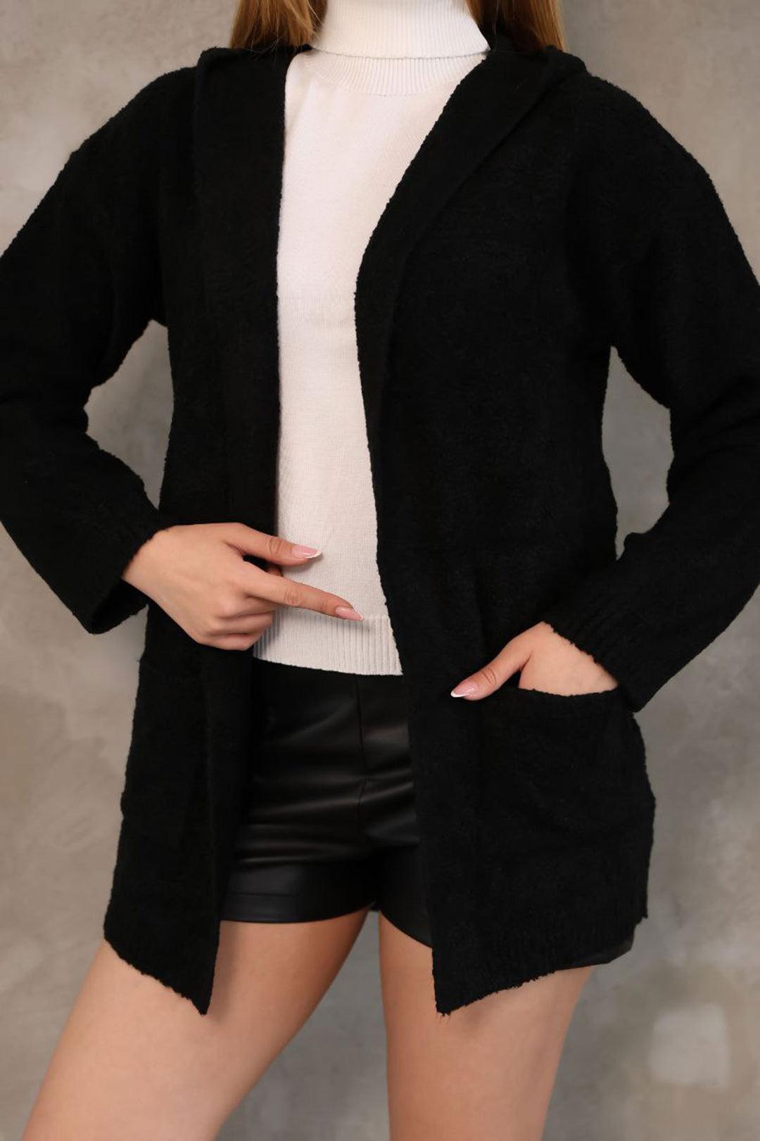 Black Hooded Double Pocket Soft Textured Knit Cardigan BCES-252016 - Douglasville
