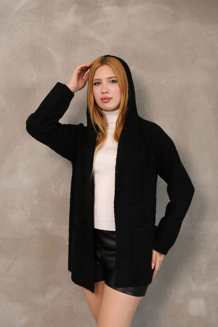 Black Hooded Double Pocket Soft Textured Knit Cardigan BCES-252016 - Douglasville