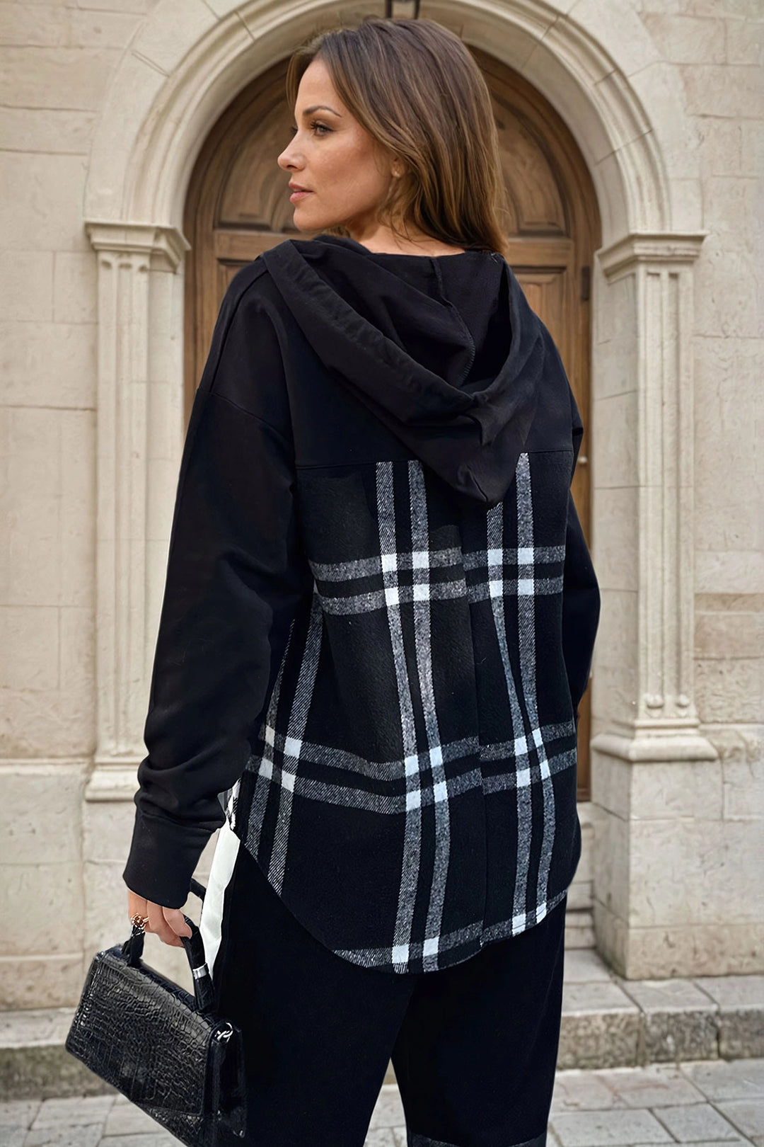 Black Hooded Patterned Slouchy Sweatshirt with Garnish BCBSK-25700-3565 - Pantin