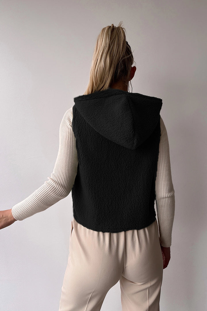 Black Hooded Front Zippered Sleeveless Welsoft Sweatshirt BC231023 - Eccles