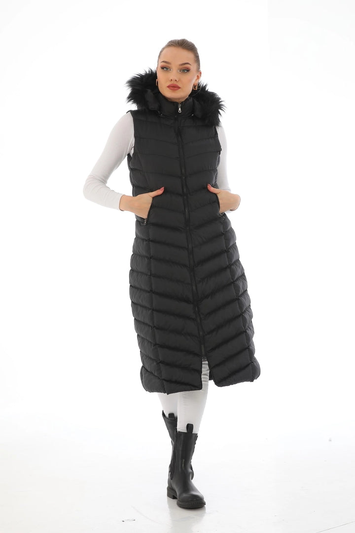 Black Hooded Fur Long Puffer Vest BCBSK-25700-K7584 - Missouri City