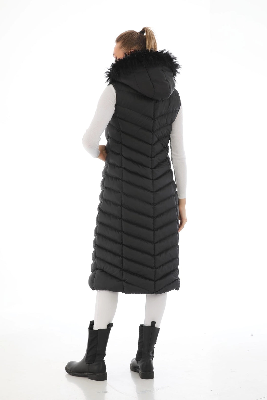 Black Hooded Fur Long Puffer Vest BCBSK-25700-K7584 - Missouri City