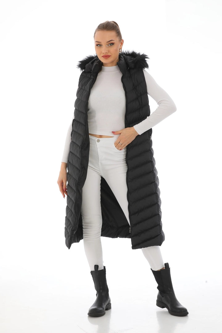 Black Hooded Fur Long Puffer Vest BCBSK-25700-K7584 - Missouri City