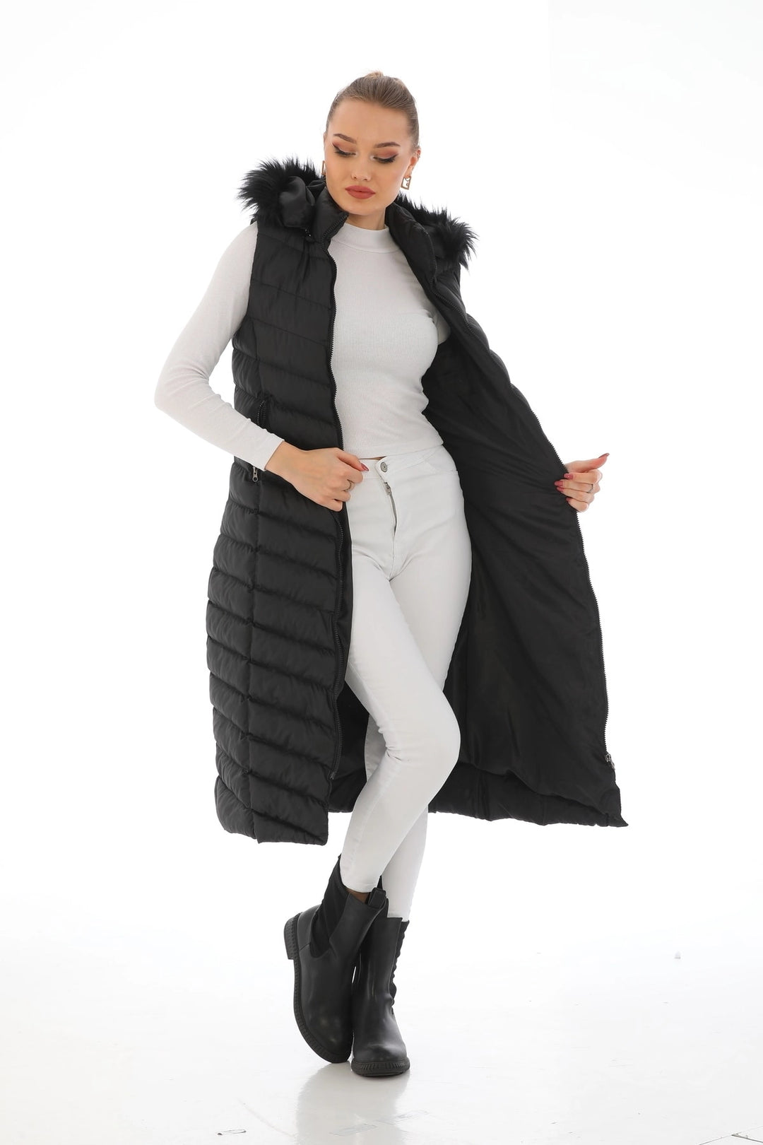 Black Hooded Fur Long Puffer Vest BCBSK-25700-K7584 - Missouri City