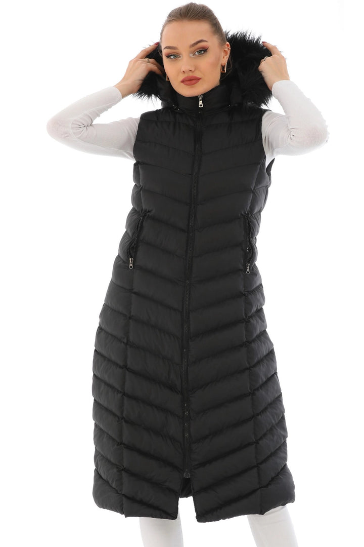 Black Hooded Fur Long Puffer Vest BCBSK-25700-K7584 - Missouri City