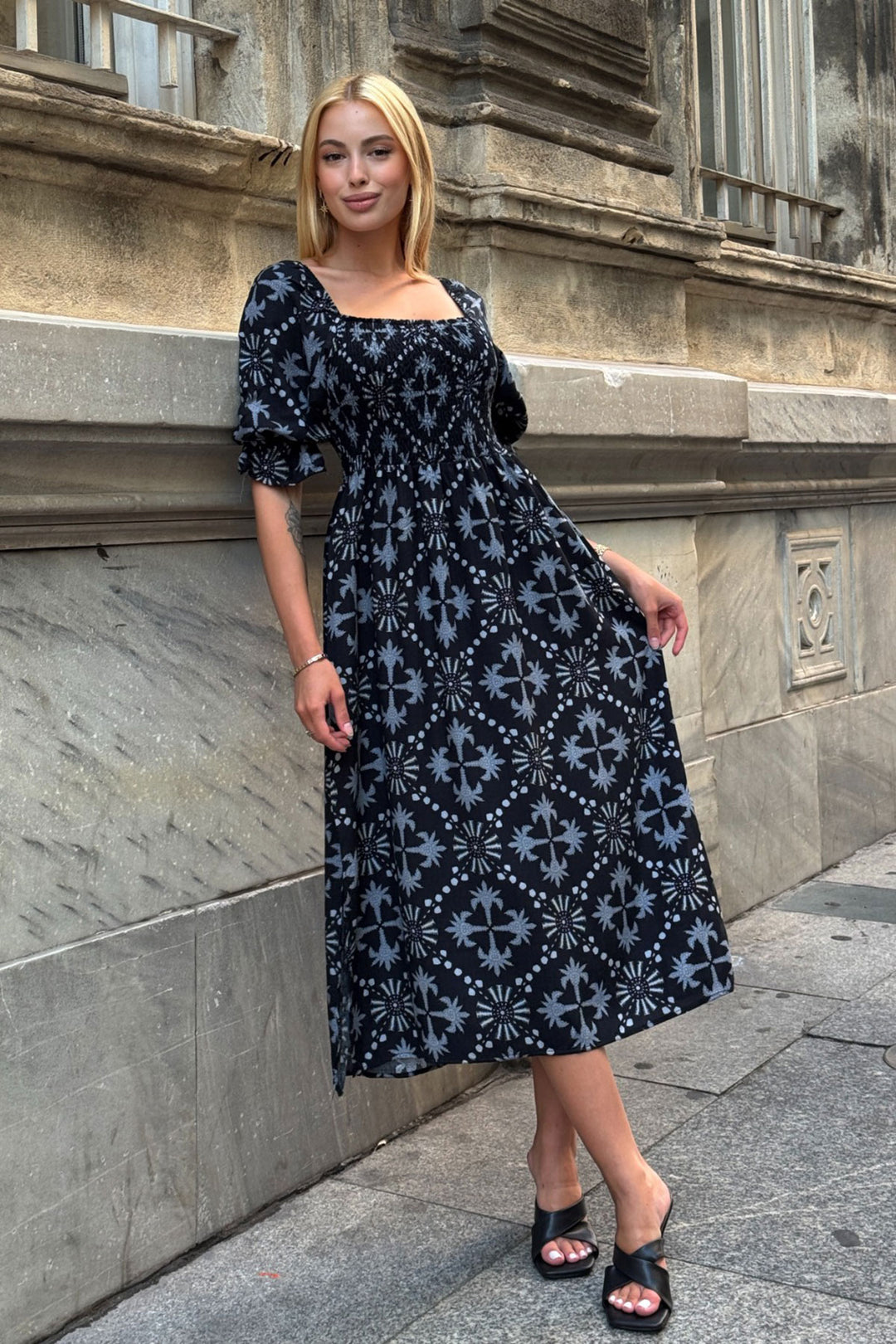 Black Square Neck Flower Patterned Woven Summer Dress BCVL-25V095 - Würzburg