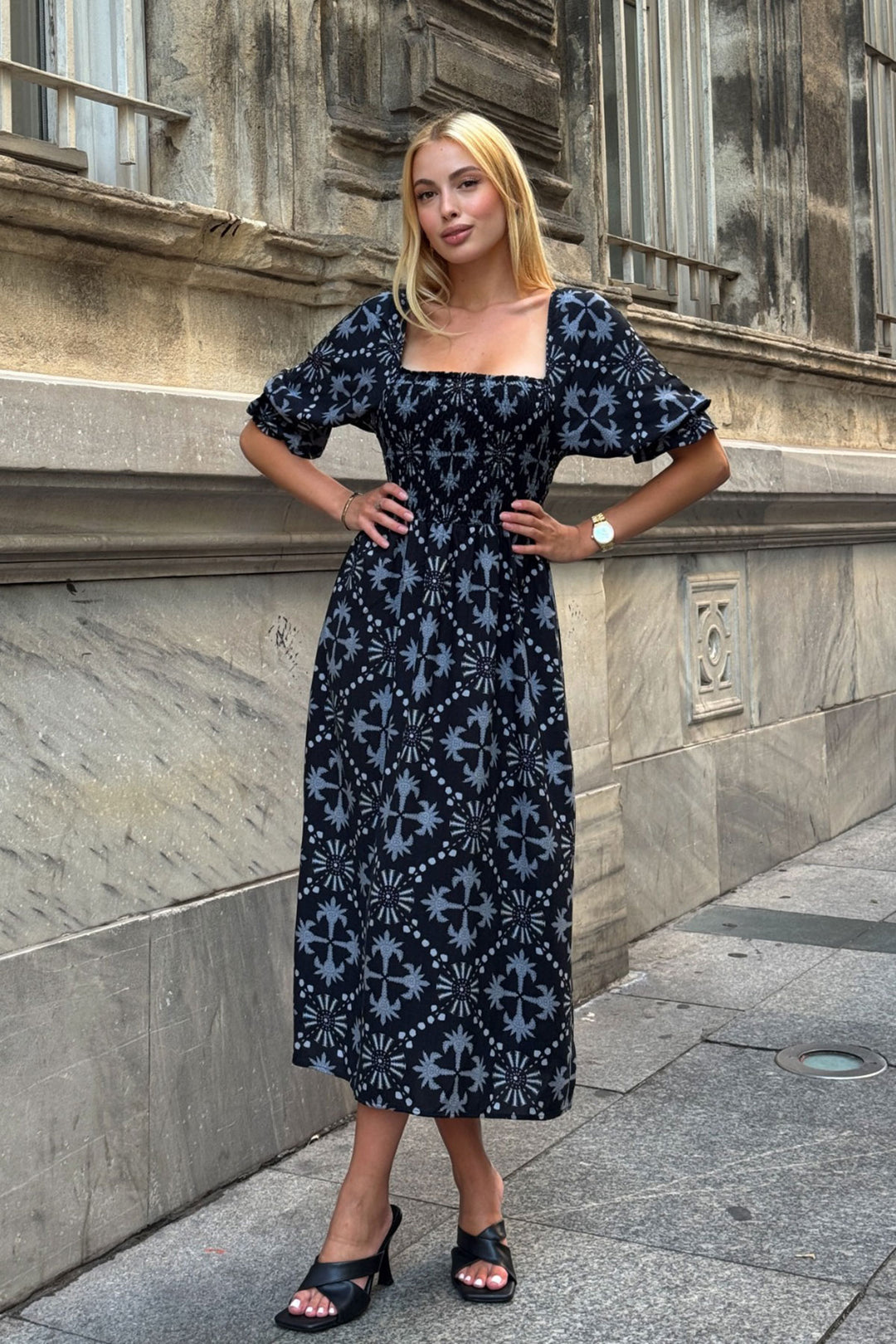Black Square Neck Flower Patterned Woven Summer Dress BCVL-25V095 - Würzburg