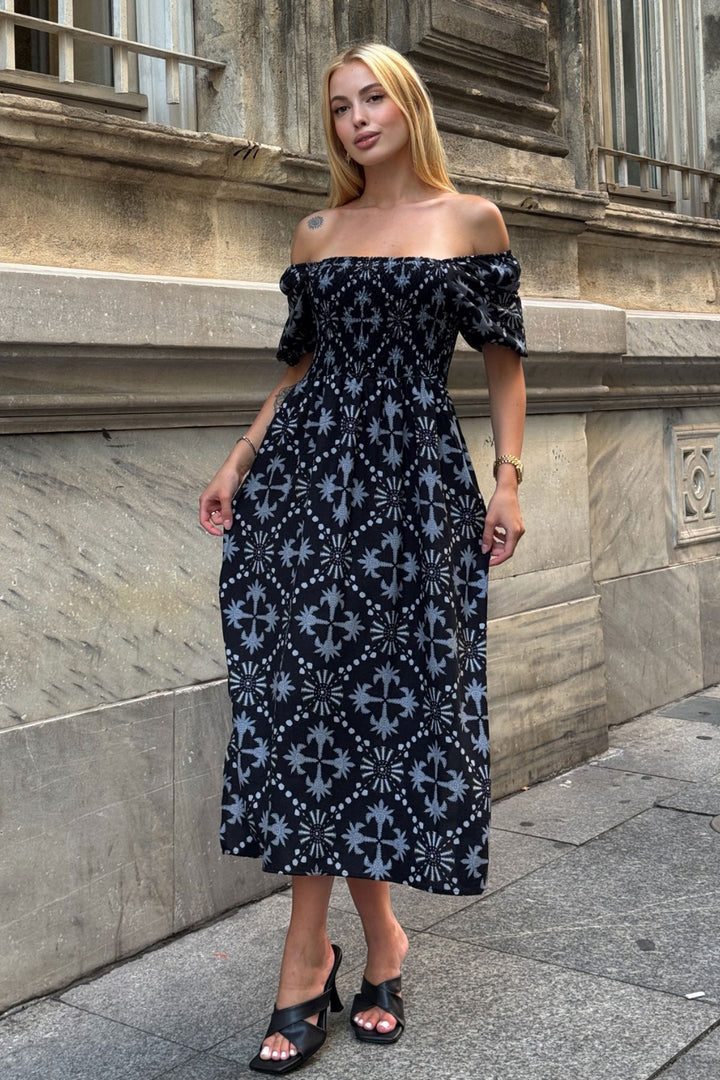 Black Square Neck Flower Patterned Woven Summer Dress BCVL-25V095 - Würzburg