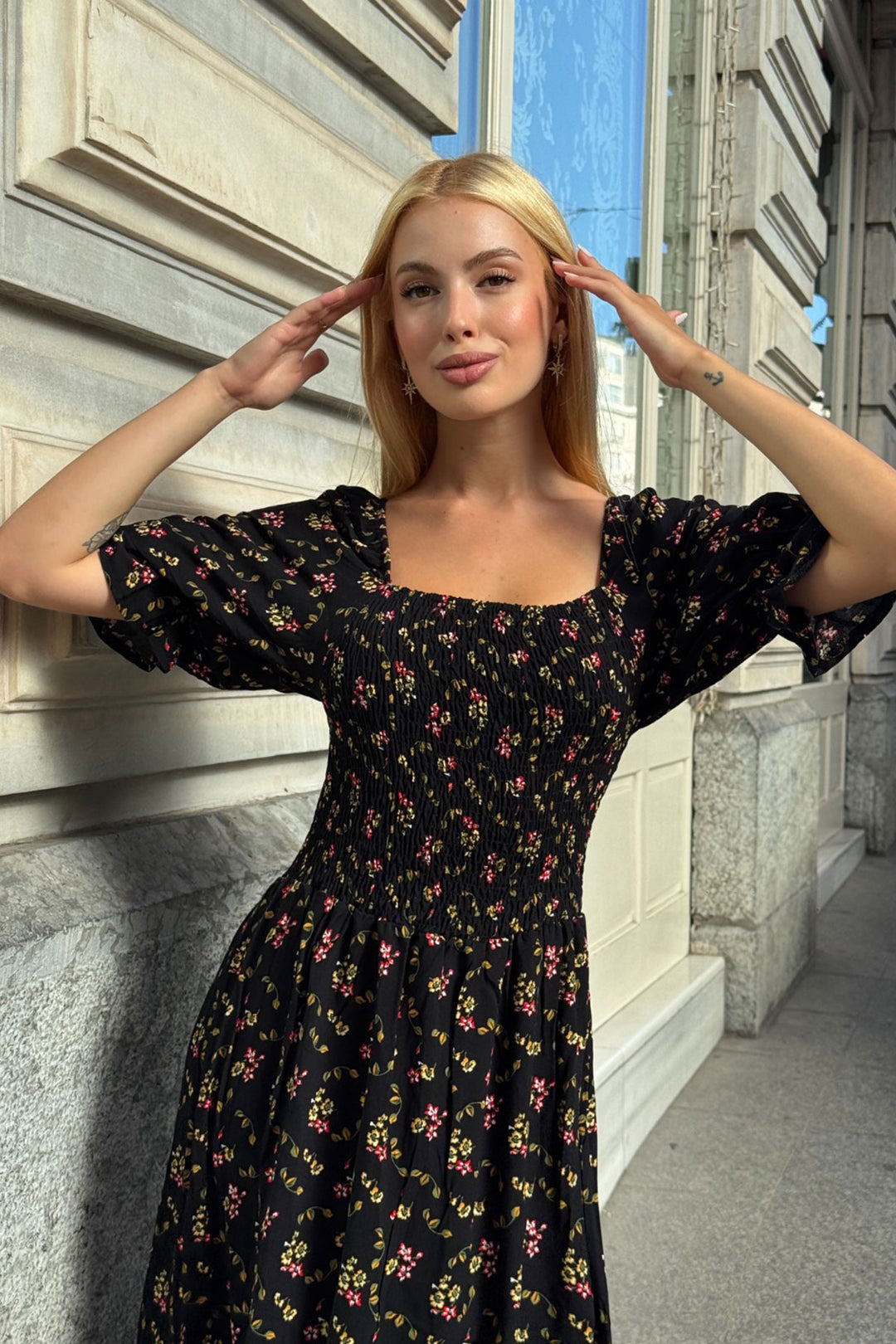 Black Square Neck Belted Floral Patterned Woven Summer Dress BCVL-25V095 - Terracina