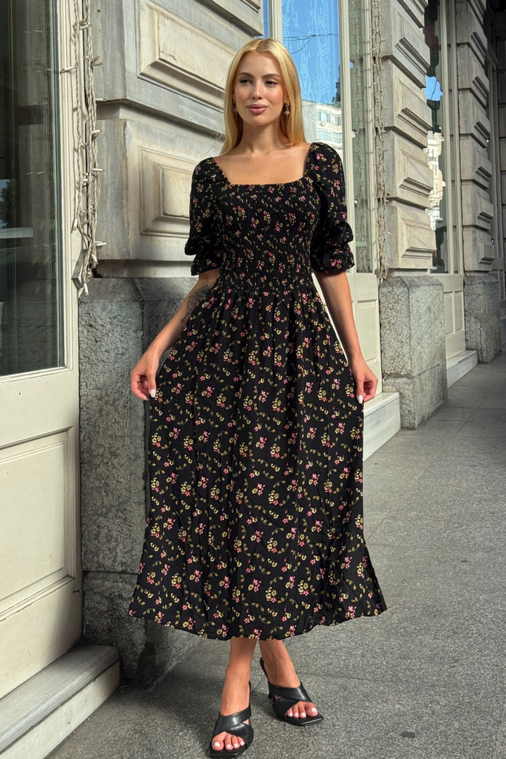 Black Square Neck Belted Floral Patterned Woven Summer Dress BCVL-25V095 - Terracina