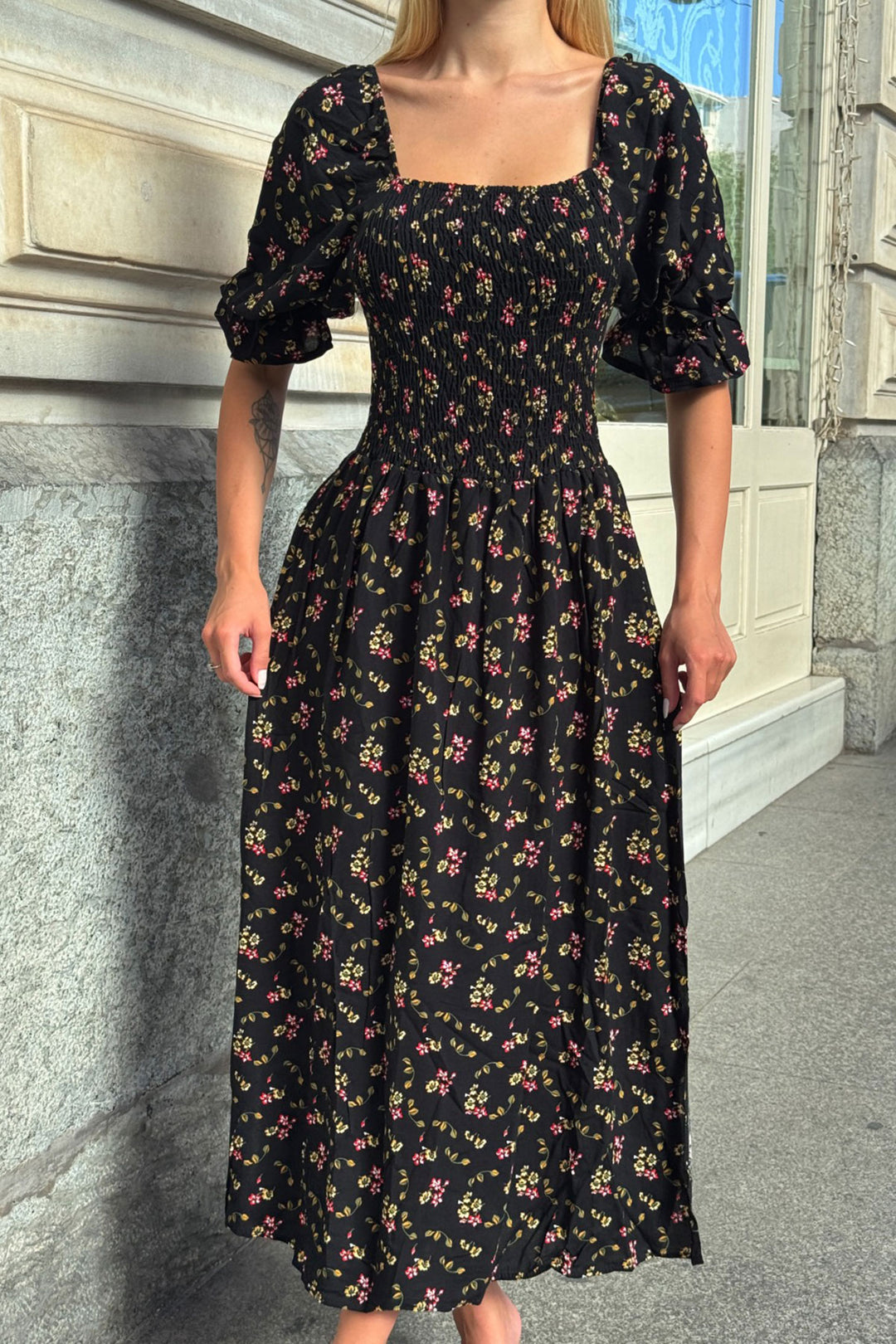 Black Square Neck Belted Floral Patterned Woven Summer Dress BCVL-25V095 - Terracina