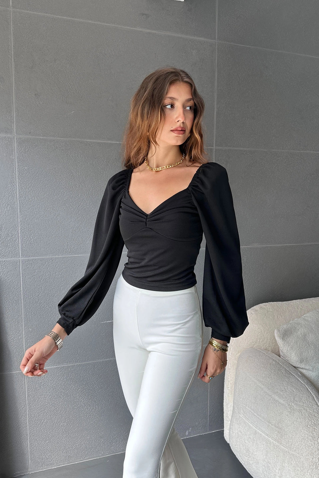 Black Square Neck Ruched Detail Blouse BCDF-242119 - Rosenheim