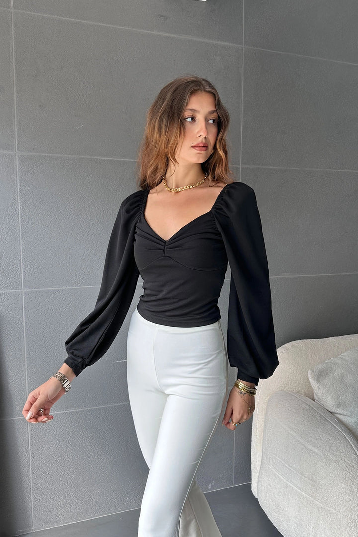 Black Square Neck Ruched Detail Blouse BCDF-242119 - Rosenheim