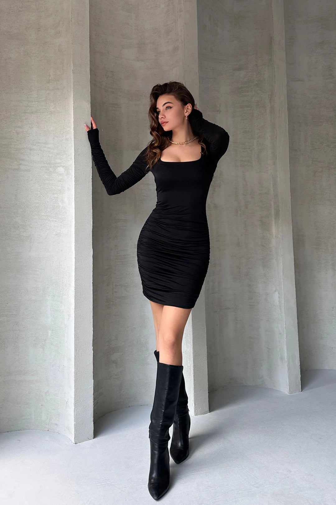 Black Square Neck Draped Mini Dress BCDF-242134 - Monclova