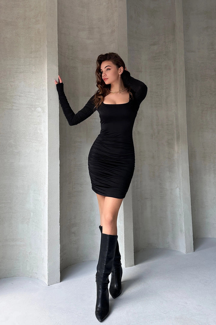 Black Square Neck Draped Mini Dress BCDF-242134 - Monclova