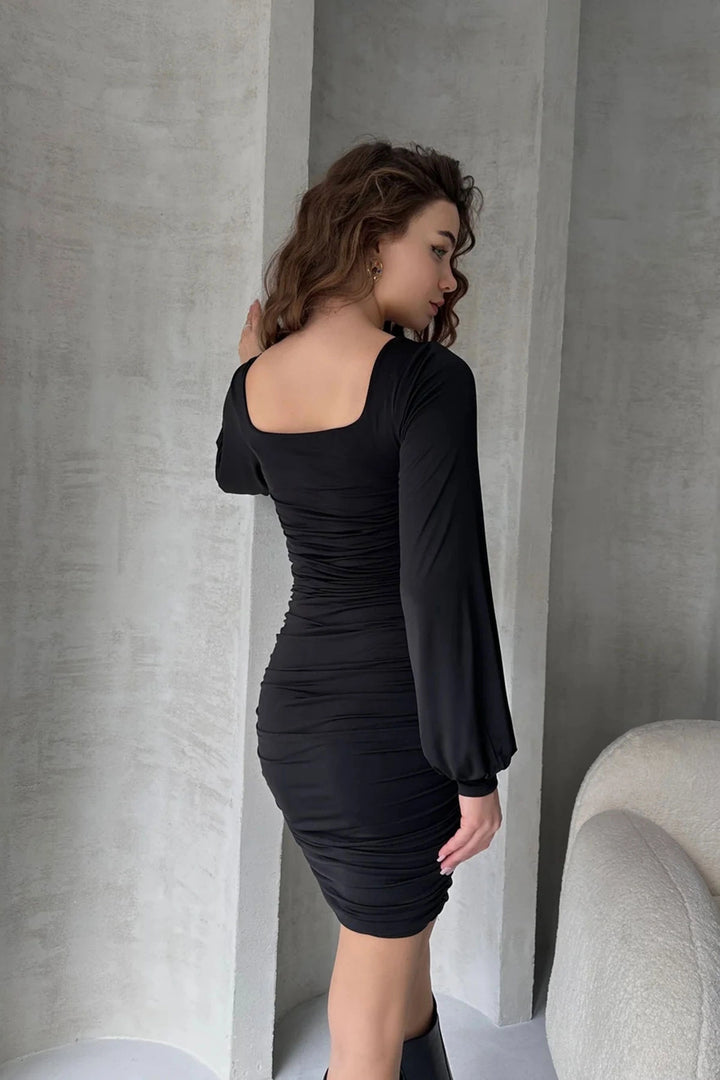 Black Square Neck Draped Mini Dress BCDF-252140 - Hollister